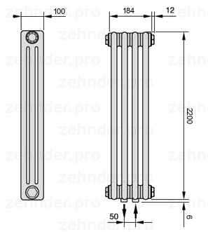 Схема (чертеж) Радиатор Zehnder Charleston 3220/4 №5410 Белый глянцевый RAL 9016